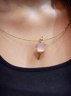 和合大仙人 原创自制S925银 天然粉晶极简风冰淇淋吊坠耳钉套装