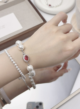 倪妮同款925银红宝石澳白珍珠