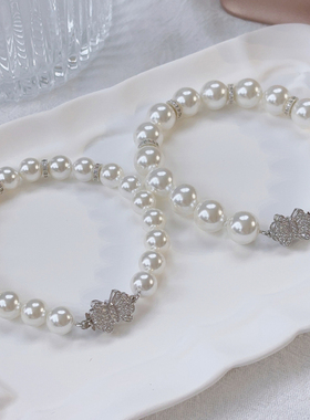 925银满钻蝴蝶结澳白珍珠手链女