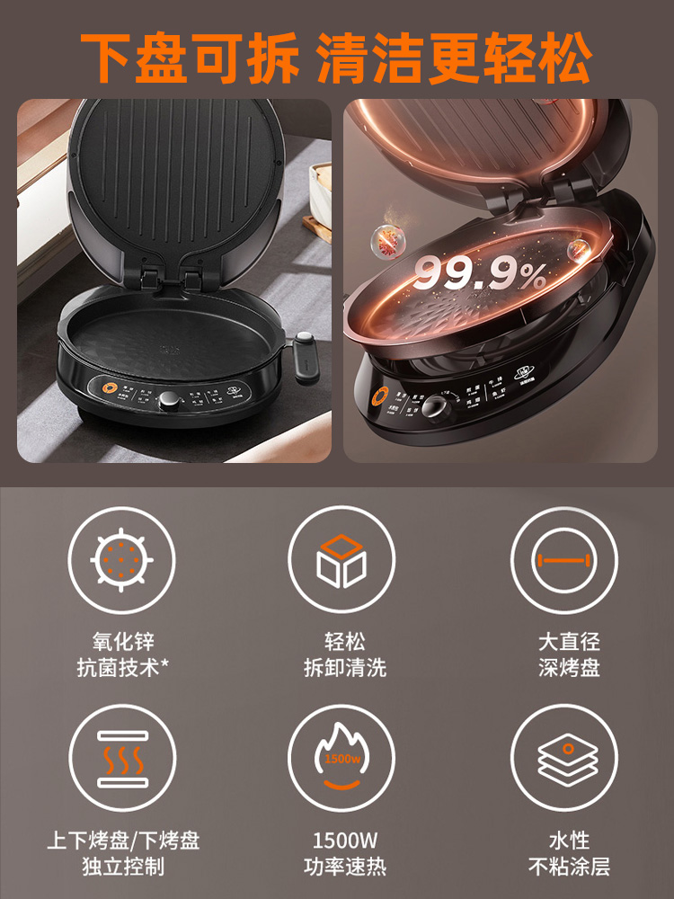 九阳电饼铛家用双面加热加深加大烙饼锅电煎锅抗菌可拆洗GK525