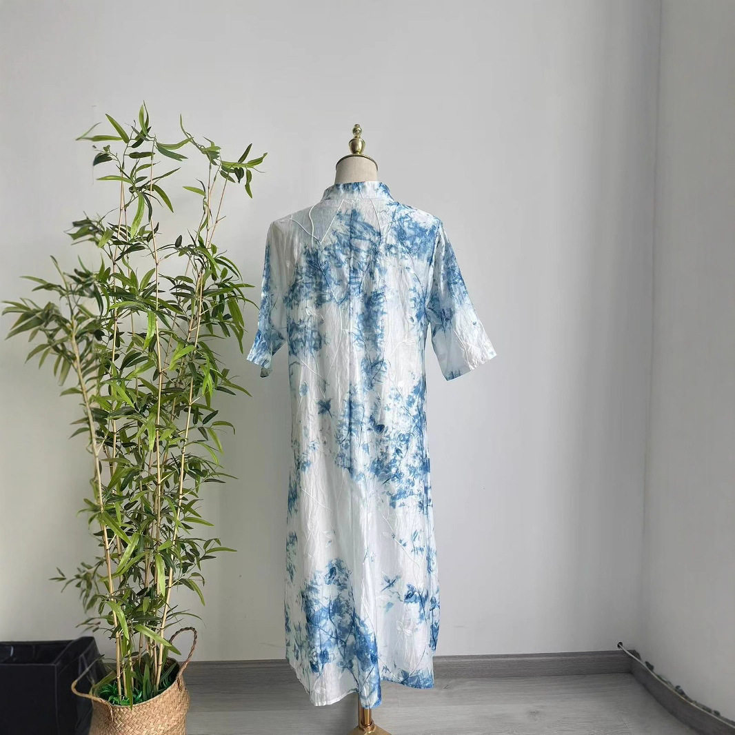 云南贵州手工蓝染连衣裙扎染旗袍裙新中式立领中袖复古双层裙子,淘宝优惠券,粉丝福利购,淘宝优惠卷