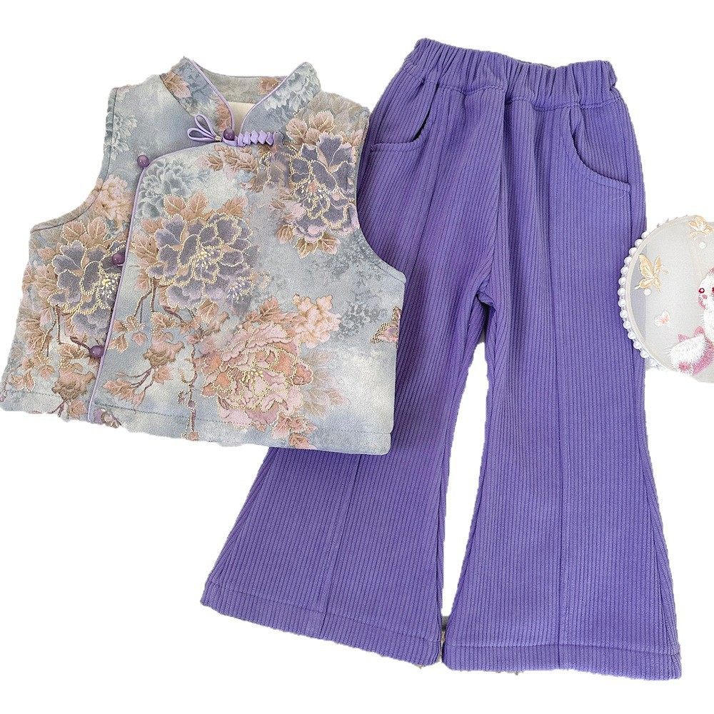 女童马甲套装加绒冬季2025新款国风中式儿童一体绒喇叭裤两件套潮,淘宝优惠券,粉丝福利购,淘宝优惠卷