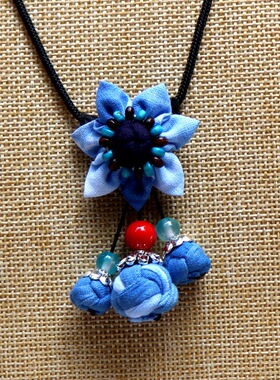 云南民族风布艺扎染项链大理蓝染项饰花朵复古文艺挂件