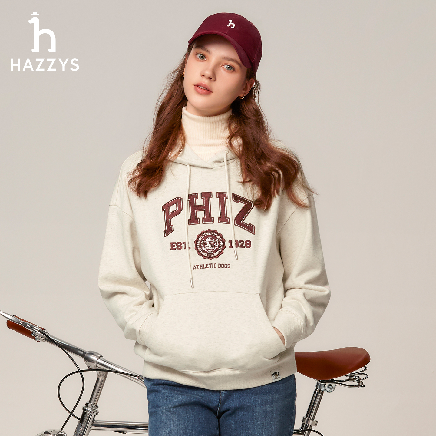 Hazzys哈吉斯休闲宽松时尚连帽卫衣秋季女士长袖T恤字母上衣潮流 - 图0