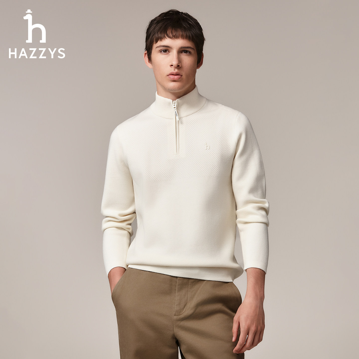 【半拉链毛衣】Hazzys哈吉斯秋季男士纯色立领直筒保暖羊毛针织衫,淘宝优惠券,粉丝福利购,淘宝优惠卷
