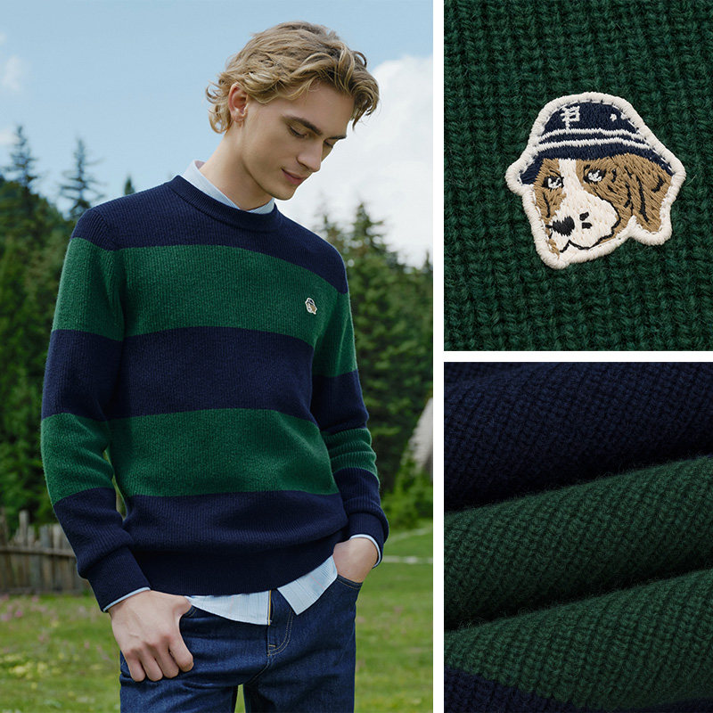 Hazzys哈吉斯男装秋冬季休闲宽松条纹撞色上衣复古毛衣保暖羊毛衫 - 图2