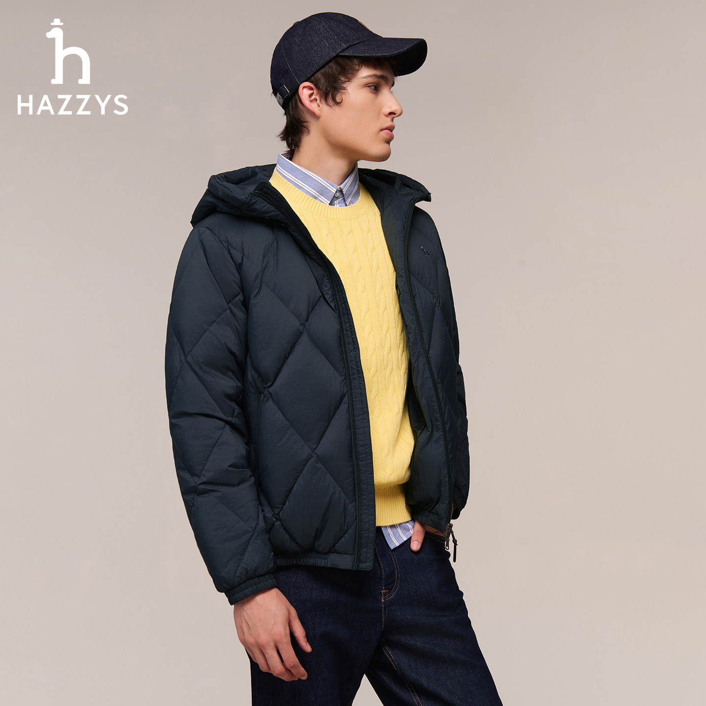 【鹅绒】Hazzys哈吉斯男士羽绒服秋冬季宽松菱形绗缝连帽保暖外套