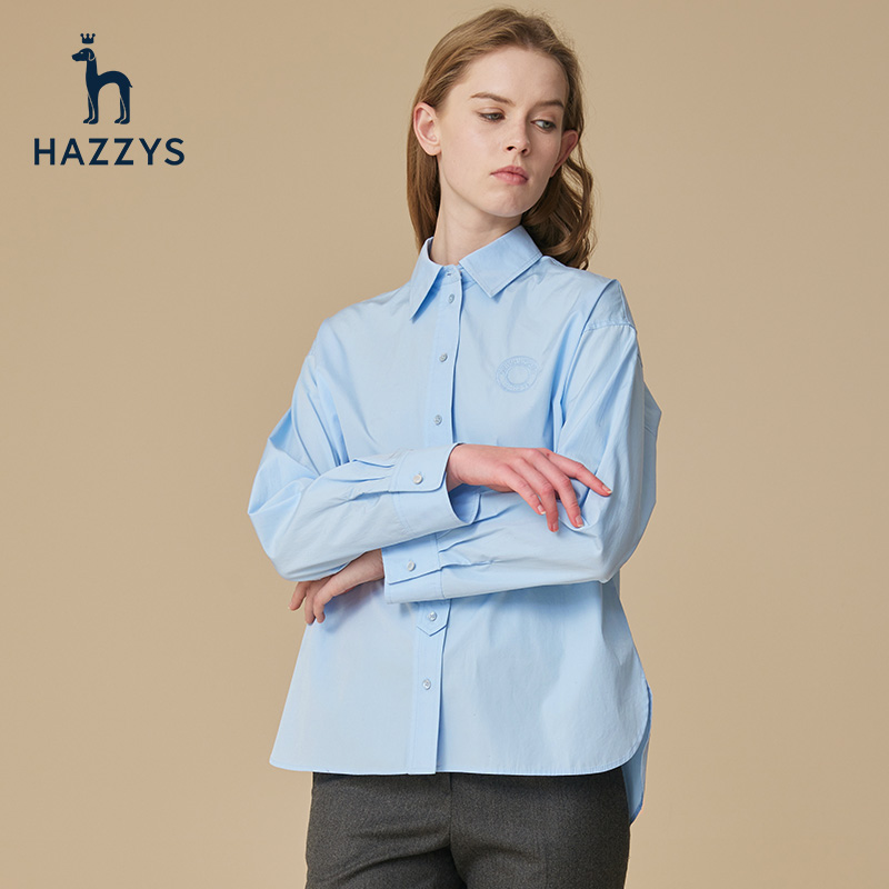 Hazzys哈吉斯宽松长袖衬衫外套上衣女士春秋季新款绣花纯棉衬衣-图0