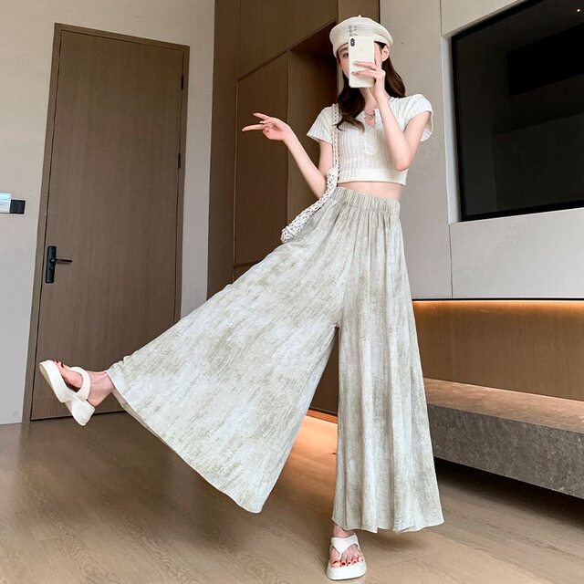 2026 New Tie Dye Ice Silk Skirts Women's Summer Thin Versatile Fashion High Waisted Wide Leg Pants Slim Skirts