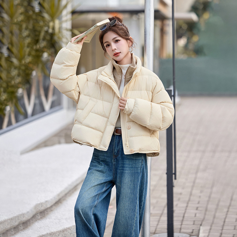 立领假两件90鸭绒羽绒服女2025冬季新款小个子面包服外套 WN1076 - 图1