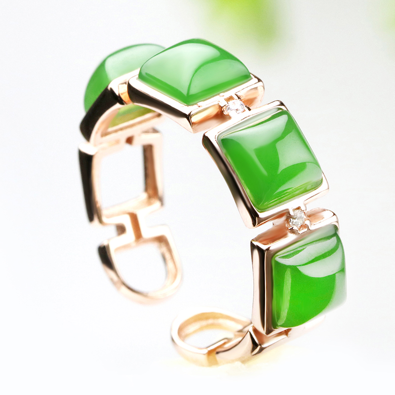 念玉新疆和田玉戒指925纯银镶嵌玫瑰金男女玉石天然碧玉戒子活口