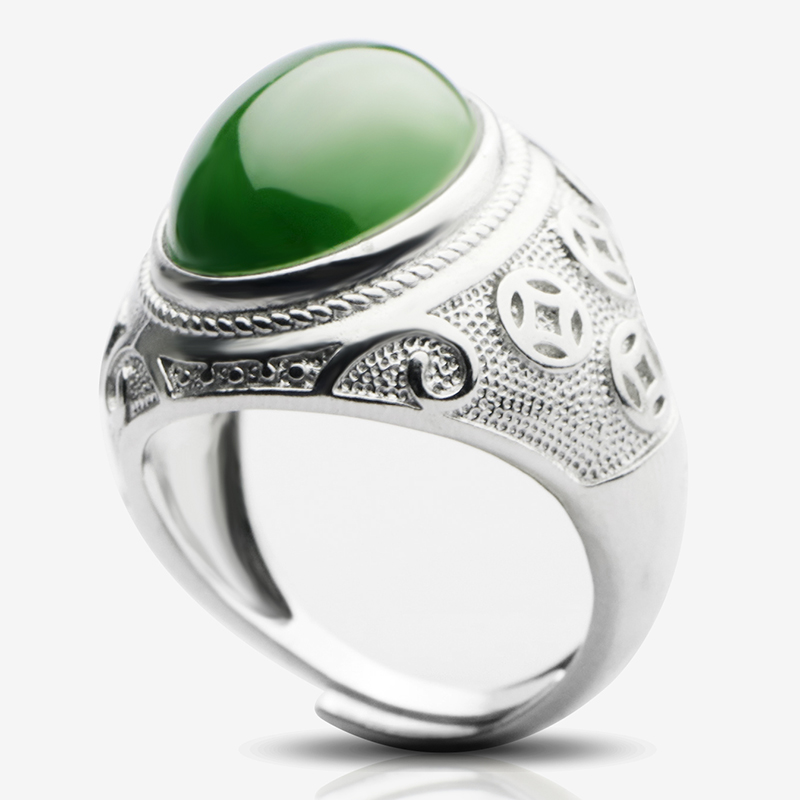 念玉和田玉戒指环天然碧玉戒指男款活口镶嵌三钱款式菠菜绿玉石