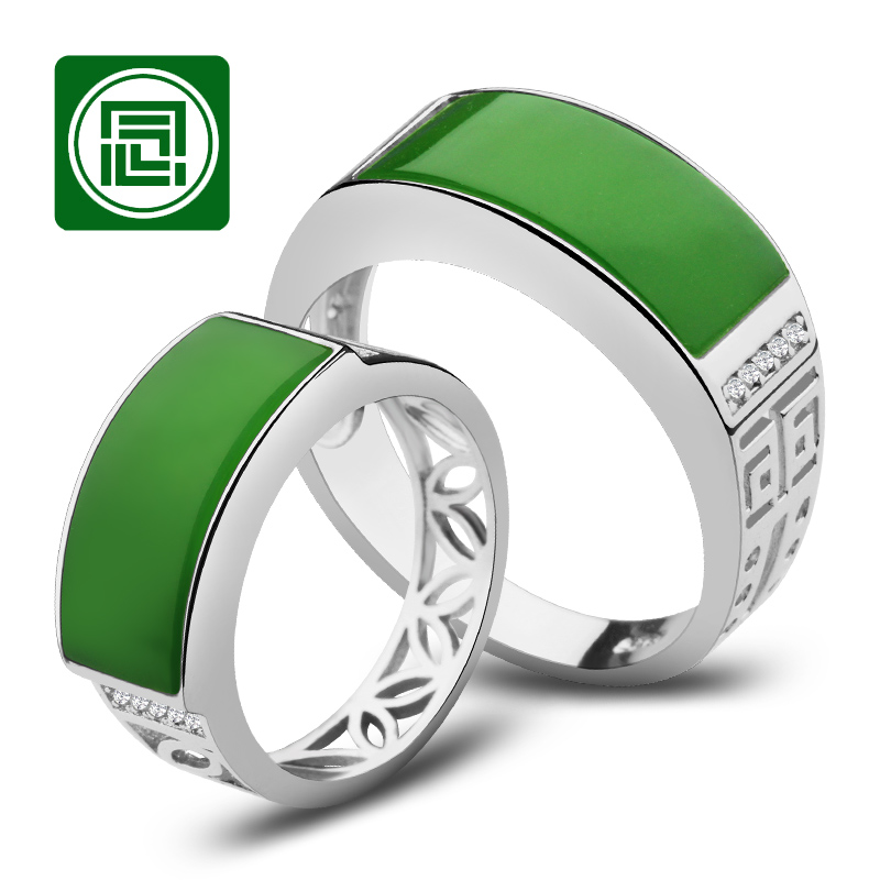 念玉s925银镶玉男款戒指纯银和田玉碧玉戒指桥面指环镶钻男戒活口
