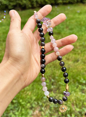 原创手作黑曜石紫水晶手串 个性小众设计师款 按手围定制