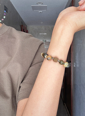 原创手工绿檀木筋脉石编绳手链 按手围定制 设计师手作小众不撞款