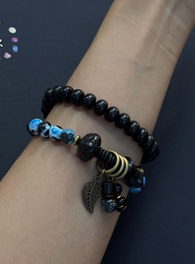 一安手作 原创手工黑檀木叠戴手串 蓝色中性国潮小众手链