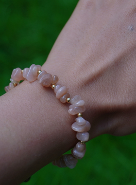 一安手作 天然太阳石编绳手链 粉色手工手链 女朋友礼物