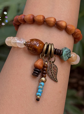 一安手作 原创黄水晶崖柏木双圈叠戴手链 个性小众手链