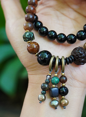 原创花梨木黑曜石菩提子叠戴手串 中性复古手串 男生手链