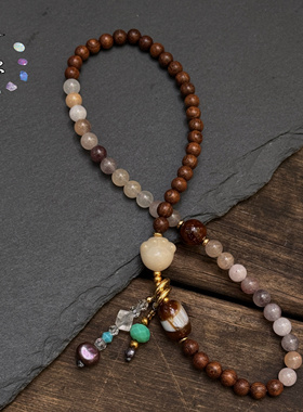 一安手作 金丝檀木天然石双圈手链 按手围定制