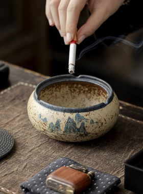 火石红青山陶瓷带盖防飞灰烟灰缸