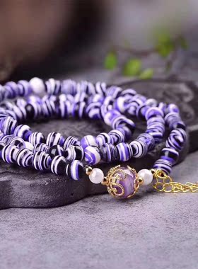 精美多圈斑马纹石手链 3圈斑马纹石配紫水晶手链 白色贝珠手链