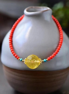 可调红水晶手链 蜜蜡回纹珠手链 配绿松石手链 蜜蜡手链