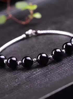 黑玛瑙女士百搭水晶单圈银手链