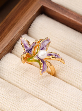 达令 彩绘滴釉花朵戒指 仙女风高级感食指戒 超仙设计感指环 尾戒