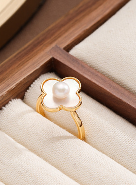 达令 贝母珍珠开口戒指 女款可调节食指戒 中古风花朵高级感配饰