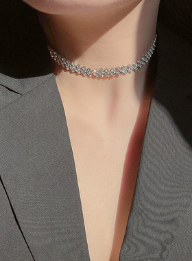 达令 镶钻拼接颈链 满钻超闪项链 轻奢设计感锁骨链 choker项圈