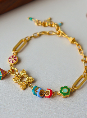 达令 复古彩色多巴胺车轮花朵手链 新中式精致百搭气质高级感手饰