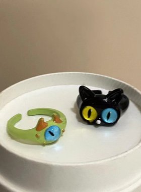 童趣可爱搞怪黑色小猫咪怪兽戒指女小众食指2YK千禧手饰新款开口