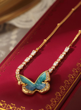 小众设计欧美跨境感锆石珐琅彩蝴蝶项链气质时尚百搭锁骨链