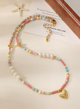 法式复古天然石爱心显白锁骨链