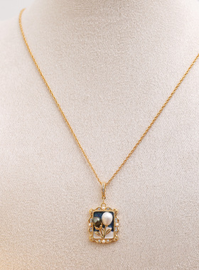 中古vintage油画风项链清新果绿滴釉吊坠梦幻蓝色珍珠毛衣链diy