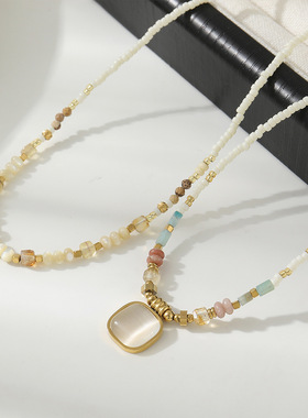 小红书爆款彩色天然石叠戴串珠项链女夏级感小众设计清新锁骨链