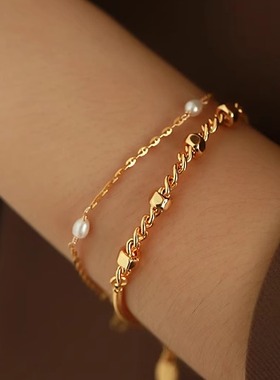 黄铜镀18K真金 ins简约风设计感螺帽造型蛇骨链拼接手链手饰女