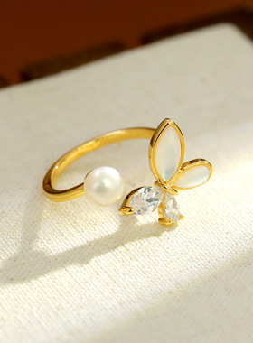 法式贝壳锆石蝴蝶开口戒指