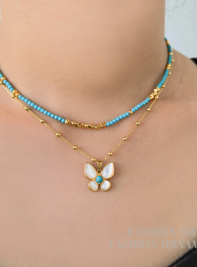 原创级感小众天然石串珠项链女轻奢时尚蝴蝶颈链蓝色锁骨链2794