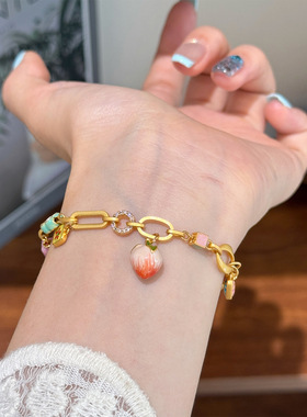 原创复古彩色滴油多巴胺微镶锆石水蜜桃花朵手链轻奢感手饰女