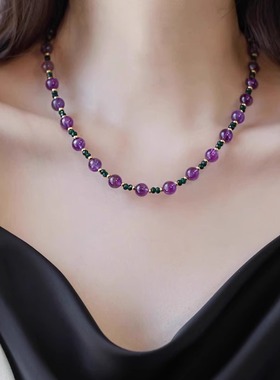 祖母绿水晶串珠紫水晶项链满天星简约锁骨链清新轻奢小众设计