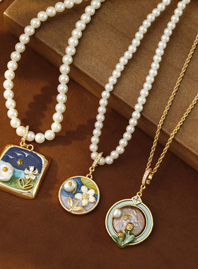 法式复古吊坠18k淡水珠滴油花朵项链新中式国风轻奢小众锁骨