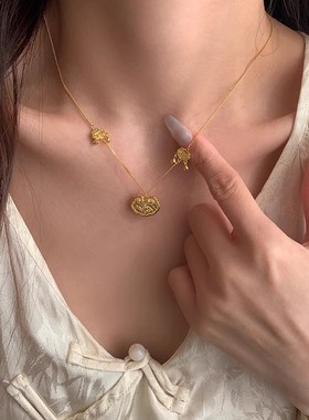 越南沙金国风女款项链 新中式双喜祥云锁骨链长命锁套链货源