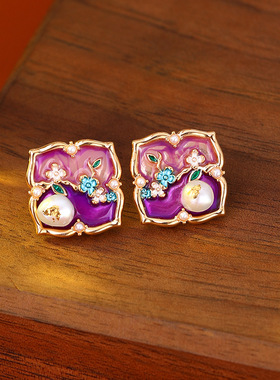 新中式莫奈花园天然珍珠油画花朵耳钉复古感气质时尚耳钉耳饰