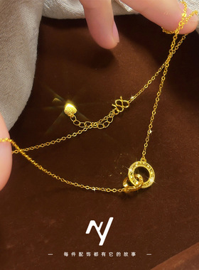 感轻奢沙金爆闪cnc碎冰冰双环项链 女环环相扣锁骨链颈链