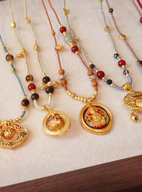 新中式吊坠项链福锁毛衣链挂坠沙金滴油国潮天然虎眼石红玛瑙