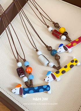 轻奢陶瓷斑点狗吊坠毛衣链女款