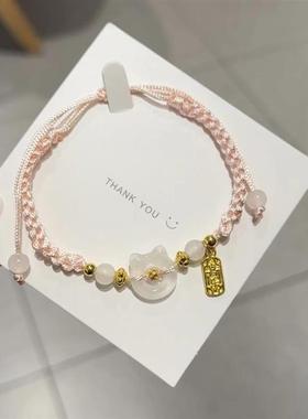 国风编织可爱手链树脂扣女小布艺甜美众手绳情侣手链平安猫咪