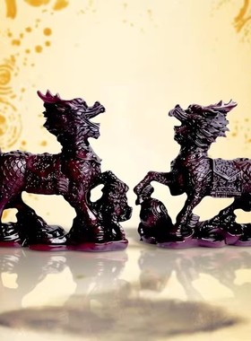 紫檀木雕麒麟一对镇宅招财摆件